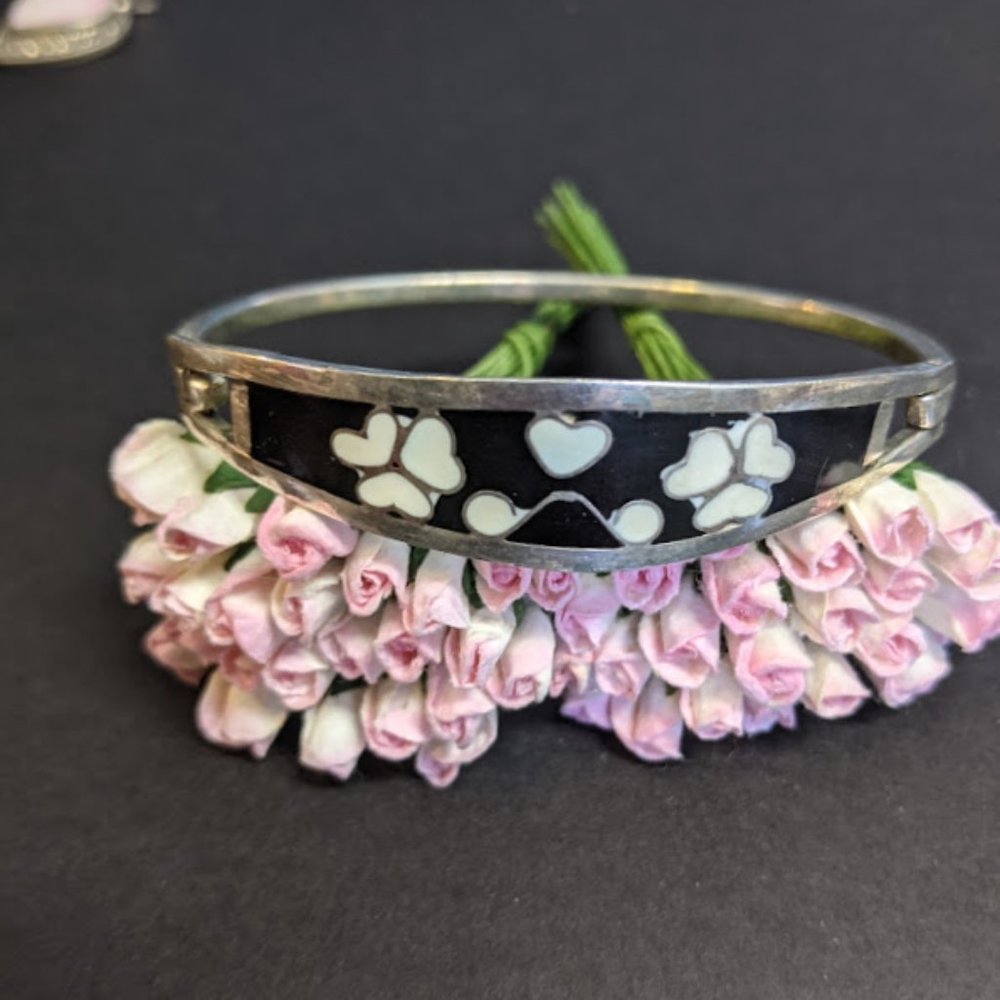 Vintage Sterling Taxco Inlay Heart Flower Bracelet